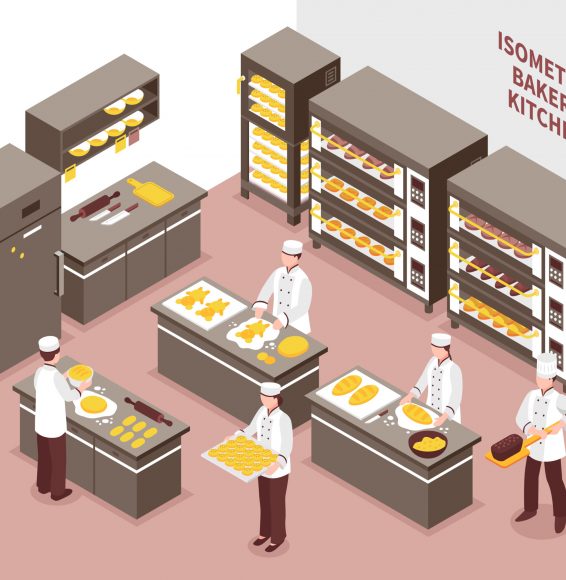 Five bakers working in spacious bakery kitchen 3d isometric vector illustration